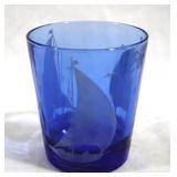 Etched Blue Glass Tumbler - 3.25 tall