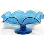 Vintage Electric Blue Ruffled Edge Pedestal Bowl