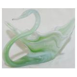Green Art Glass Swan Bowl 8x13x11.5