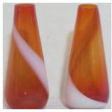 Pr Orange and White Art Glass 6" Vases