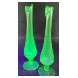Pair Green Swung Vases 8", Uranium Glows