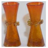 Pr Orange Vintage Crackle Vases 5"