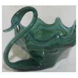 Dark Green Art Glass Swan Bowl 6.5x11x9