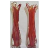 Pr Swung Red Art Glass Vases 9.5"