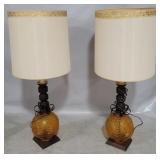 Pair 36" amber drape mid century lamps