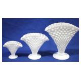 3 Hobnail Fan Milk Glass Vases, 8 & 6 & 4" tall