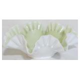 Fenton Green and White Ruffled Bowl 4x10"