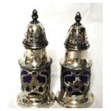 Silver Plated Salt & Pepper Shakers w/ blue glass