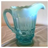 Opalescent Blue Glass Pitcher - 8" tall