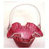 Cranberry Art Glass Basket - 7 x 9