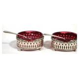 2 Cranberry Salt Dishes w/ Sterling Liner & Spoon