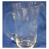 Vintage Etched Glass Pitcher, 7.5"