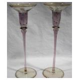 Pair Art Glass Candleholders 12"