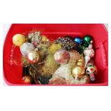Plastic Tote Full of Christmas Ornaments