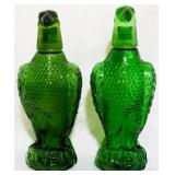 2 Vintage Green Glass Eagle Decanters 11"