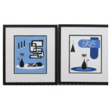 SET OF 2 MID CENTURY MODERN CATS ON BLUE