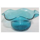 Vintage Blenko Crackle Glass Blue Bowl
