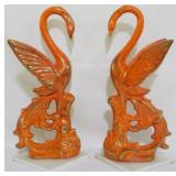 Pr Lava Glazed Orange Ceramic Swans 15"
