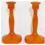Pr Lancaster Glass Orange Candlesticks 8.5"