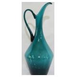 Tall Teal Art Glass Ewer w/ Handle 14.5"
