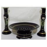 Rare Vintage Black Glass Console Set
