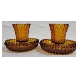 Pair of Indiana Amber Diamond Point Votives & dish