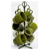 8 Retro Green Stackable Mugs w/ Rack