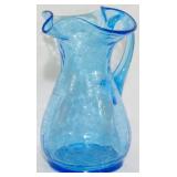 Vintage Aqua Blue Crackle Glass Pitcher 6.5"
