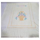 Vintage Chenille Bedspread Flower Basket