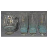 6 Glasses & Pitcher, Teal Trim