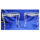 Pair vintage glass top metal patio tables