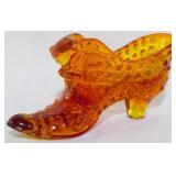 Fenton Orange Glass Hobnail Shoe 3x6x1.5"