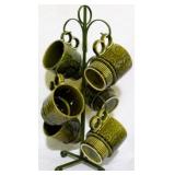 8 Retro Green Stackable Mugs w/ Rack