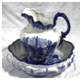 2pc Blue & White Pitcher and Bowl Set