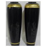 Pair Black Vases, Gold Trim 12.5"