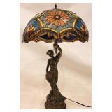 Figural Base Stained Glass Lamp 34"