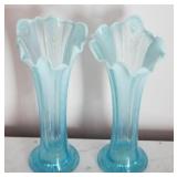 2 Blue Glass Vases - 10" tall