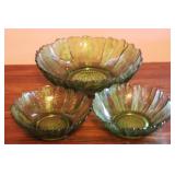 3 Green Glass Bowls - 11" round