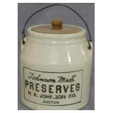 H A Johnson Preserves Crock w/ Lid 7x6"
