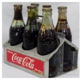 6 Vintage Coca Cola Bottles, Metal Rack