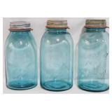 3 Blue Glass Mason Jars 10"