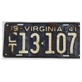 Vintage 1941 Virginia License Plate 5.5x11.5