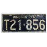 Vintage 1932 Virginia License Plate 6x15