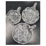 3 Cut Glass Handled Nappy Bowls