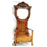 Vintage Carved Oak Hall Seat, Beveled Mirror