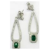 Pair Platinum Emerald & Diamond Earrings