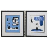 Set of 2 MCM Cats on Blue