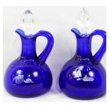 2 Blue Glass Cruets Enamel Painted 6.5"