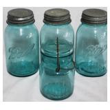 4 Vintage Blue Glass Mason Jars 5.5x7