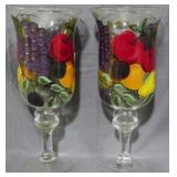 Pair Painted Glass Hurricanes 13"